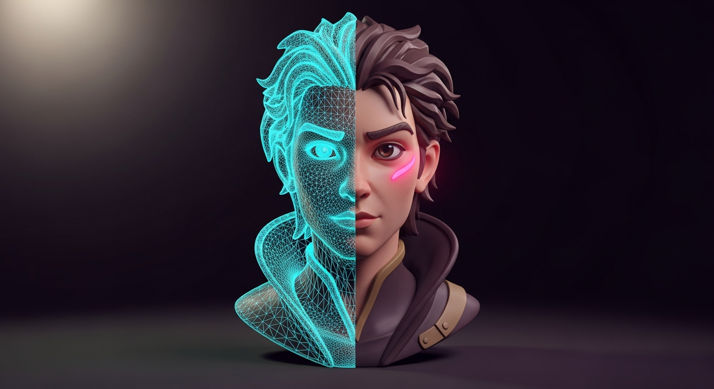 Blender viewport rendering a 3D character with wireframe overlay, Cyan glow bloom, Deep Purple studio backdrop.
